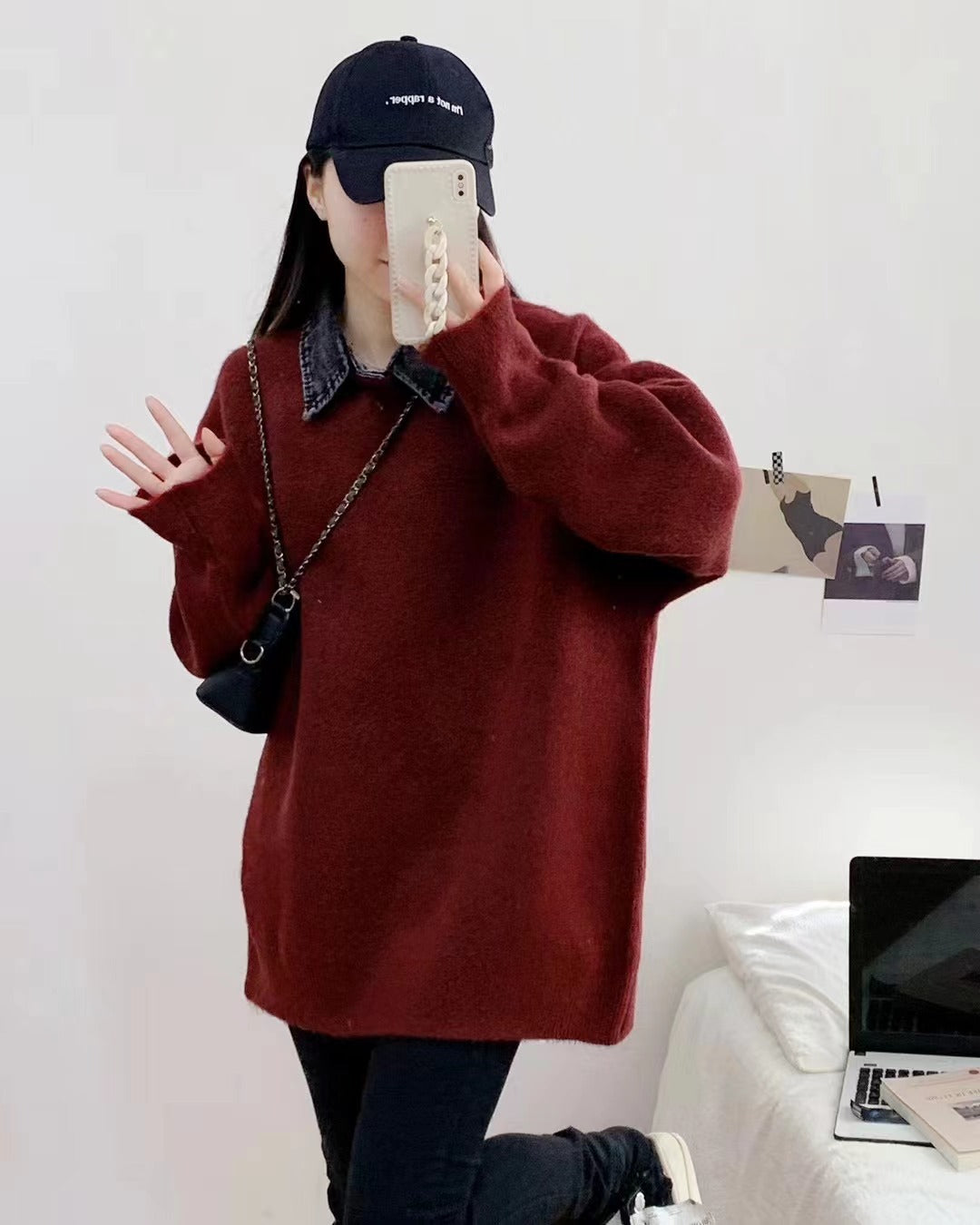 VLOVELAW Grey splicing denim collar fake two-piece sweater women's spring and autumn new versatile loose and thin pullover knitted sweater top