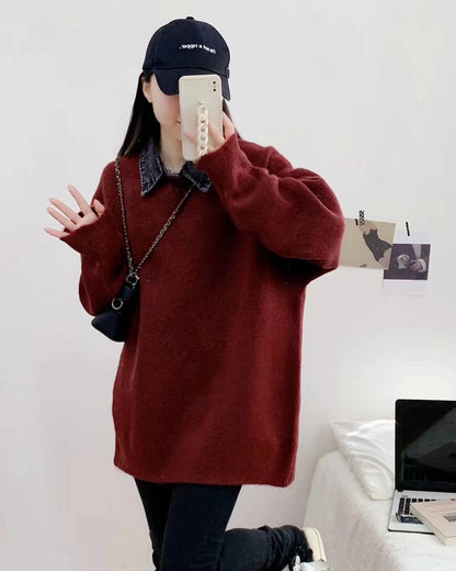 VLOVELAW Grey splicing denim collar fake two-piece sweater women's spring and autumn new versatile loose and thin pullover knitted sweater top