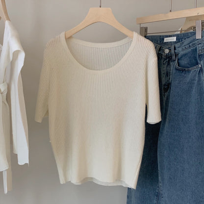 VLOVELAW Big Neckline Loose Linen Short-Sleeved T-shirt for Women Summer New off-Shoulder Korean Style round Neck Knitted Top for Women Gentle