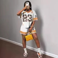 new New fashion retro street printing loose casual V-neck short-sleeved top shorts sports suit
