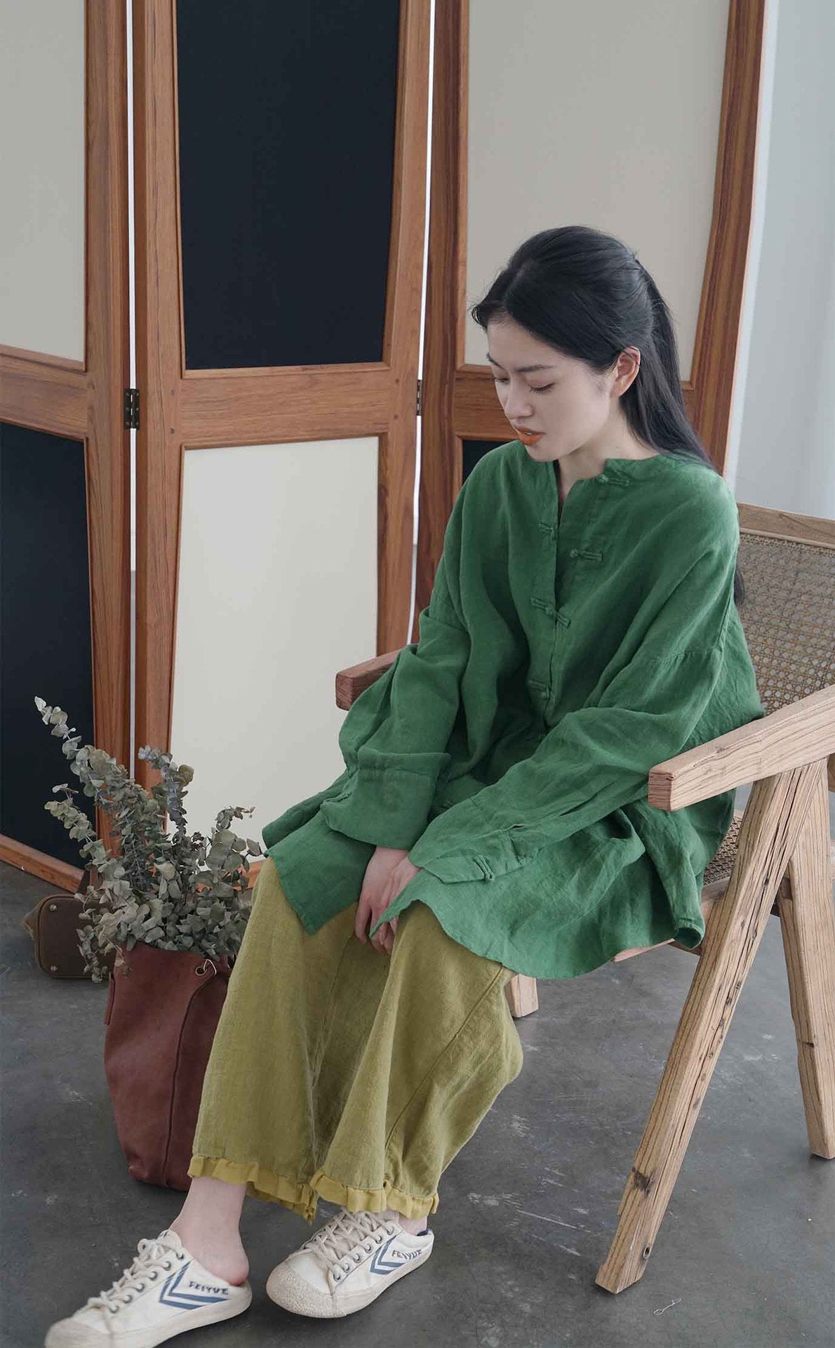 early autumn retro loose silhouette linen jacket, national style casual free and easy disc buckle long trench coat S22271