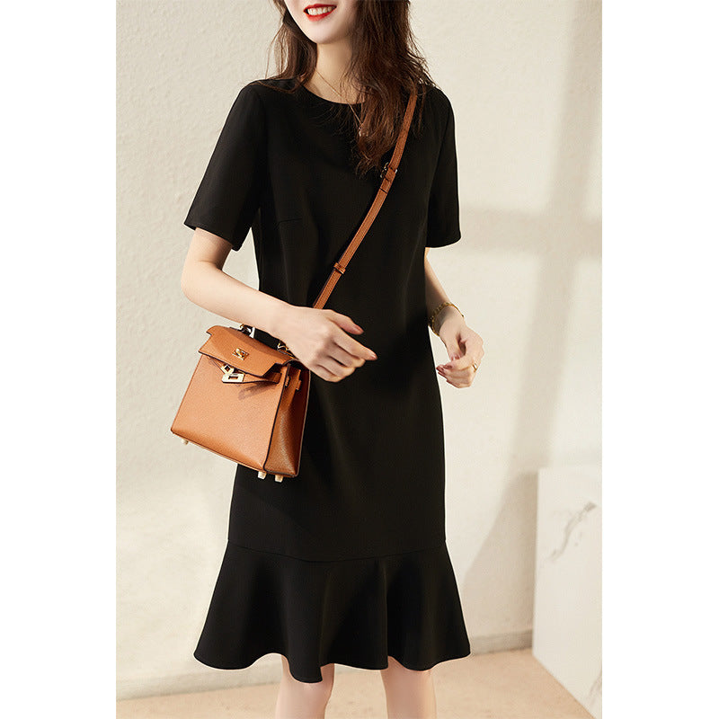 2025 triacetate fishtail small black dress high-end dress  women's new medium and long black skirt summer