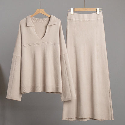 KKBOXLY Cross-border knitted set Europe, America New winter new fashion simple style V-neck knitted sweater skirt set