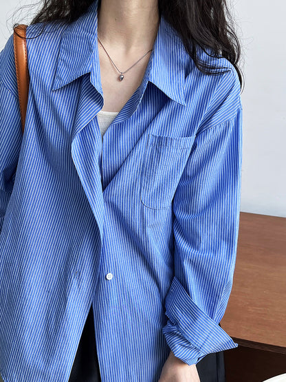 Luxi Port Style Temperament Striped Shirt Women's Spring Lazy Loose Salt Wear Off-Shoulder Sleeve Shirt Jacket 7059