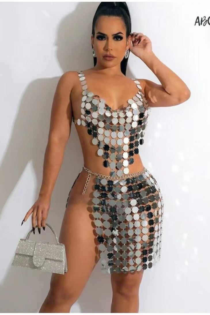 2025  120128 2025 hot-selling vest acrylic sequin disc joint sexy neck halter chest wrap top vest