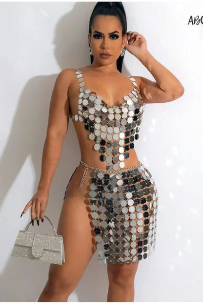 2025  120128 2025 hot-selling vest acrylic sequin disc joint sexy neck halter chest wrap top vest