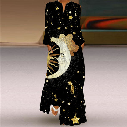 VLOVELAW European American Summer New Women Vintage Butterfly Print Long Dress V-neck Long Sleeve Pocket Summer Dress