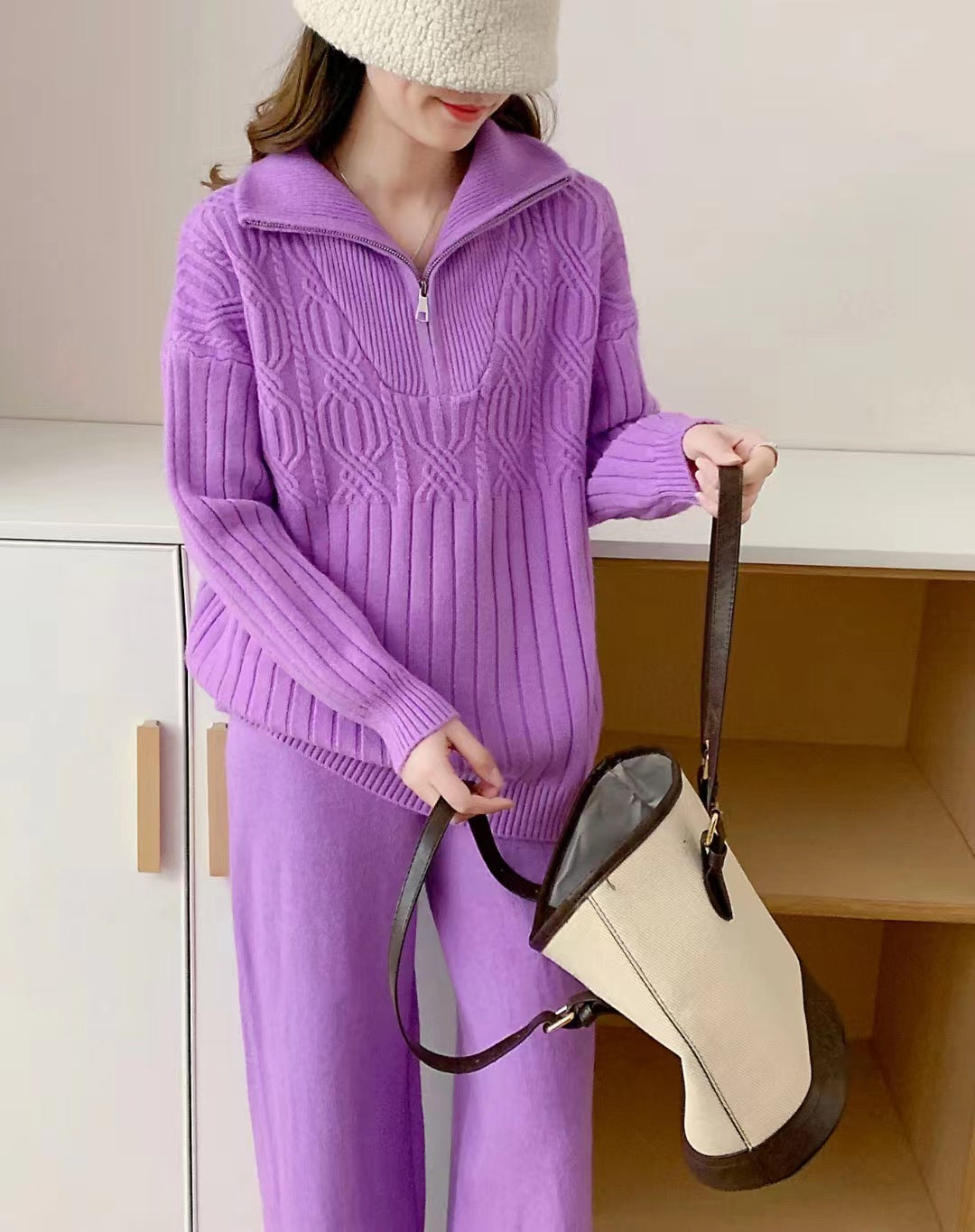 VLOVELAW Fashion high-end sweater set for women's autumn and winter lazy style zipper stand-up neck knitted sweater high-waisted wide-leg pants two-piece set