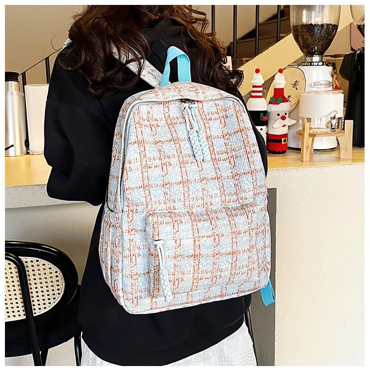 Plaid Schoolbag Female College Student Niche Design Early Autumn and Winter Middle and High School Student Good-looking Corduroy Backpack