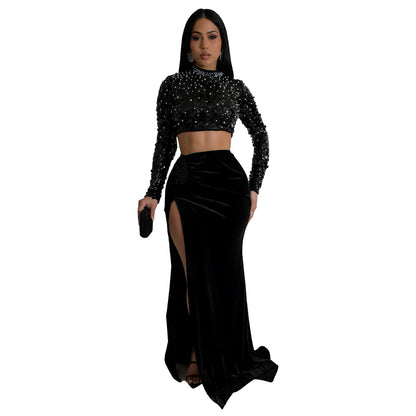 2025 C7190     fashion women's clothing sequins sexy long-sleeved split skirt two-piece set
