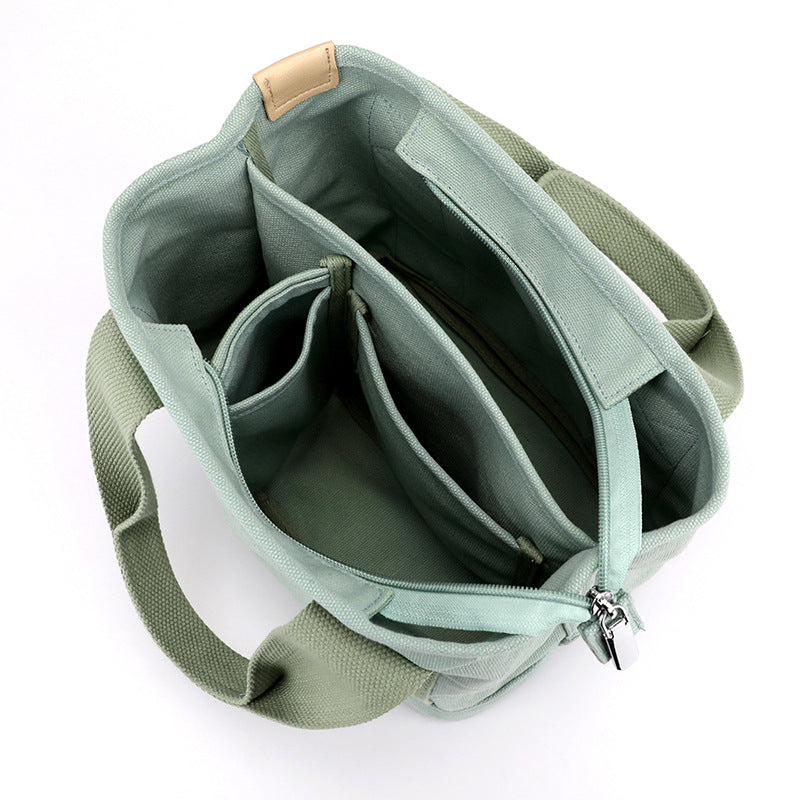 VLOVELAW Small Bag with Zipper Japanese Multi-Layer Bag Niche Lady Shoulder Bag Portable Thickened Canvas Mobile Phone Bucket Tote Bag
