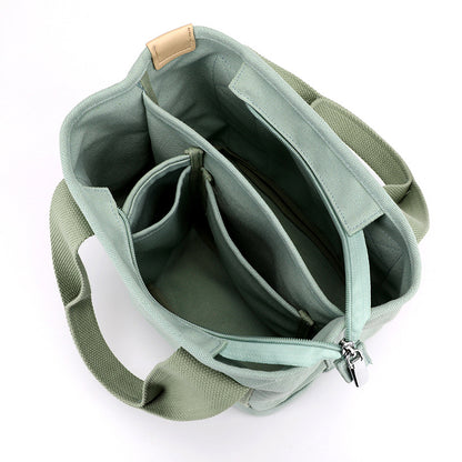 VLOVELAW Small Bag with Zipper Japanese Multi-Layer Bag Niche Lady Shoulder Bag Portable Thickened Canvas Mobile Phone Bucket Tote Bag