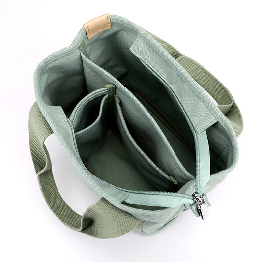 VLOVELAW Small Bag with Zipper Japanese Multi-Layer Bag Niche Lady Shoulder Bag Portable Thickened Canvas Mobile Phone Bucket Tote Bag