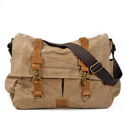 VLOVELAW 2025 Men's casual canvas satchel literary and retro shoulder with leather oblique span bag women's simple messenger bag computer bag
