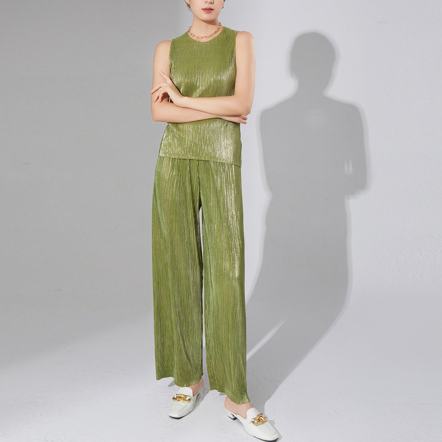 2025 women's clothing premium pleated two-piece set metal niche chic T-shirt top drape casual pants set