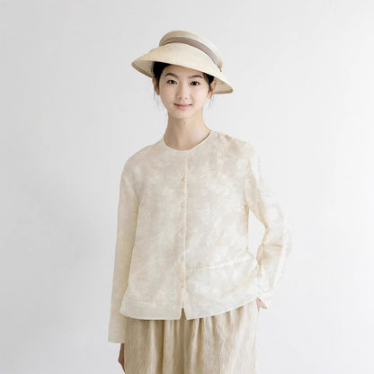 Women's Shirt Spring New Chinese Top Shirt Long Sleeve Chinese Women's Beige Crew Neck Casual Cardigan B0456