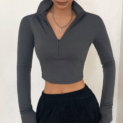 VLOVELAW European and American  Spring Fashion Women's New Long Sleeve Zipper Half-Open Collar Exposed Navel All-Matching Slim Fit T-shirt