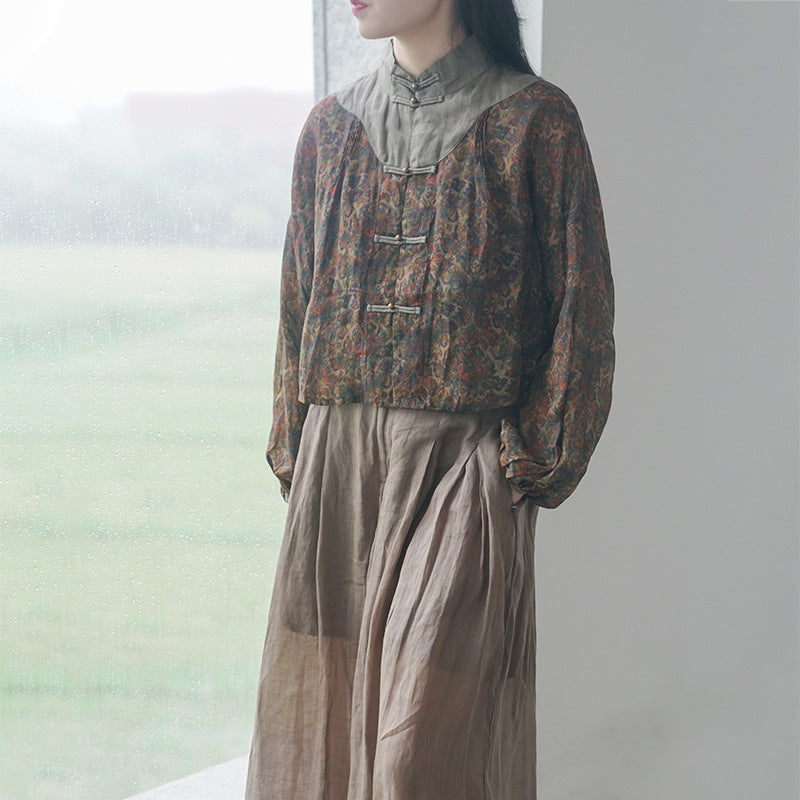 retro ultra-short digital printing ramie stand-up collar top, Guochao Hong Kong flavor cloud shoulder shirt jacket S22247