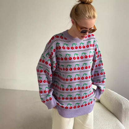 KKBOXLY Cross-border crew neck cherry sweater 2025 New autumn new medium and long retro knitted cherry crew neck sweater