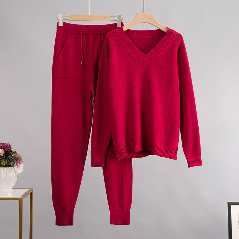 VLOVELAW  V-neck sweater set, Popular, 2025 popular autumn and winter warm backing V-neck sweater + pocket pants two-piece set