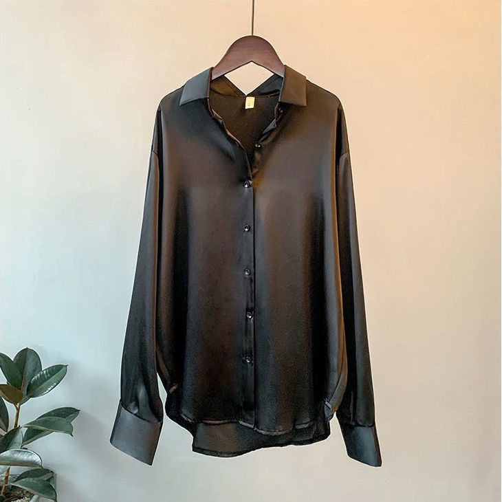 VLOVELAW Long Sleeve Satin Shirt Women's Design Sense Niche  Spring and Summer New All-Match Draping Top Retro Hong Kong Style Shirt