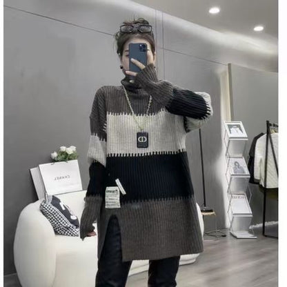 VLOVELAW Real shot striped color matching turtleneck pit strip sweater women's autumn and winter new loose lazy thickened split bottom knitted sweater