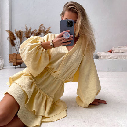 KKBOXLY Cross-border V-neck dress women's New autumn and winter new bubble sleeve dress 2025 elastic waist solid color dress