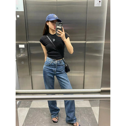 VLOVELAW Jennie Jin Zhini Same Style Crew Neck Casual Slim Fit Short Short Sleeve T-shirt Women's  Summer New Simple Top