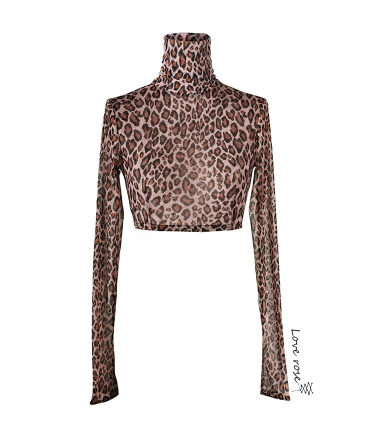 LOVEROSE original designer, leopard print mesh high-waisted turtleneck see-through T-shirt, open-navel with long-sleeved blouse