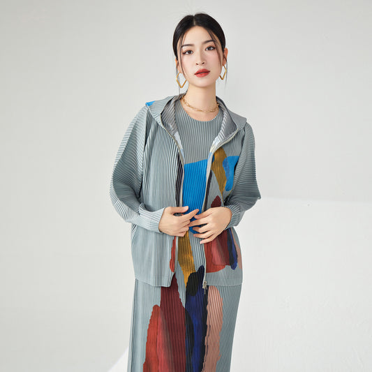 2025 Pleated jacket sweater women's autumn and winter new loose texture printed loose temperament casual cardigan hooded top