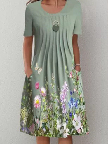 VLOVELAW Cross-Border Foreign Trade    Wish Spring/Summer Floral Print round Neck Pullover Mid-Length Dress Women