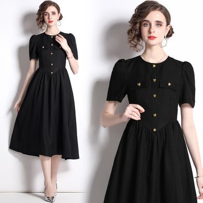 retro Hepburn style temperament waist dress women's summer  new coffee break  black skirt