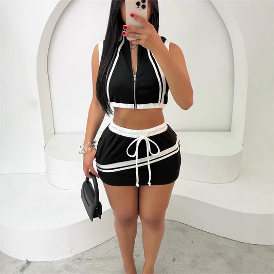 new New fashion slim-fit street zipper sleeveless open-button vest top, hip-wrapped lace-up short skirt set