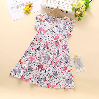 VLOVELAW Girls Dress Kids' Skirt Summer Baby Cotton Silk Floral Skirt Baby Girl Short Sleeve Princess Dress Clothes Children's Clothing