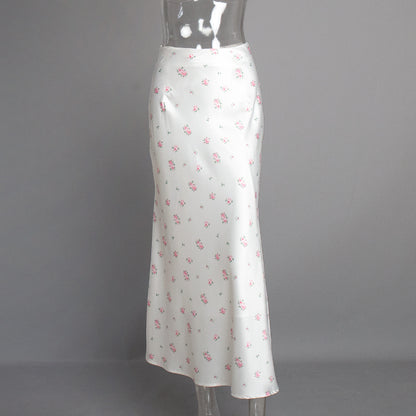 KKBOXLY Cross-border printed skirt Europe, America New spring and summer new temperament floral satin printing drape high waist skirt