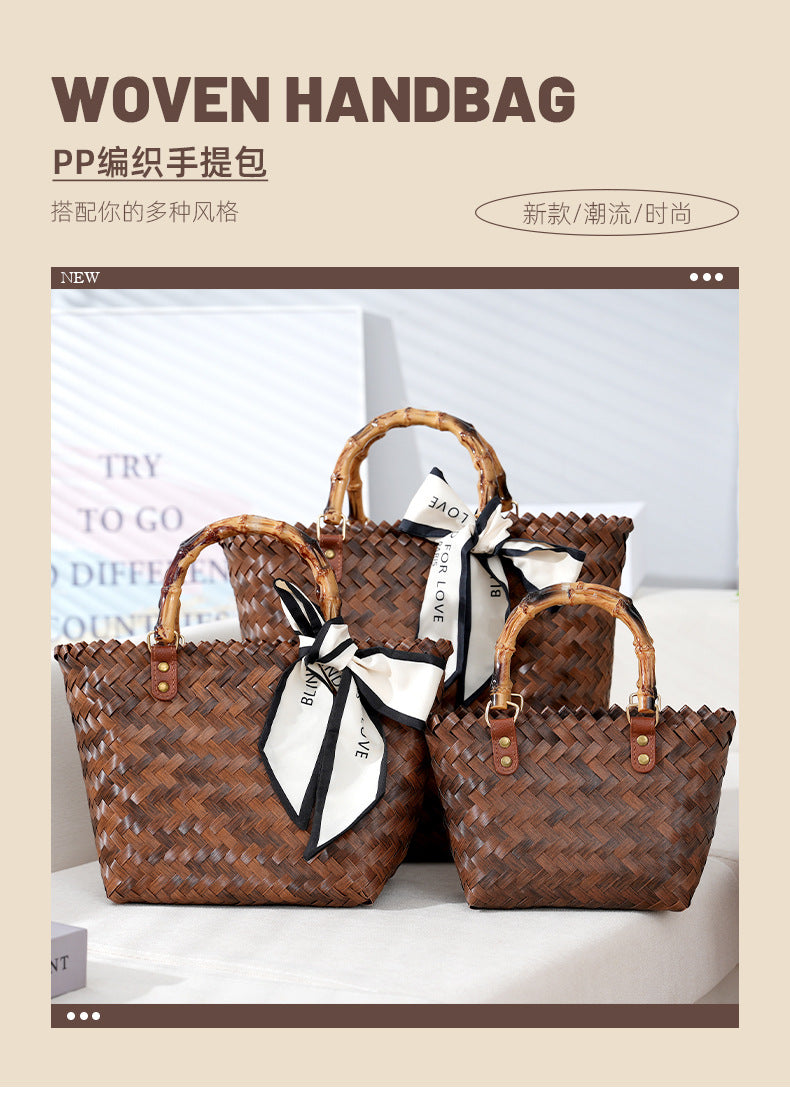 VLOVELAW Large Capacity Hand-Woven Bag Fashionable All-Match Woven Bag Vegetable Basket Retro Imitation Bamboo Handle Bag Beach Vacation Bag