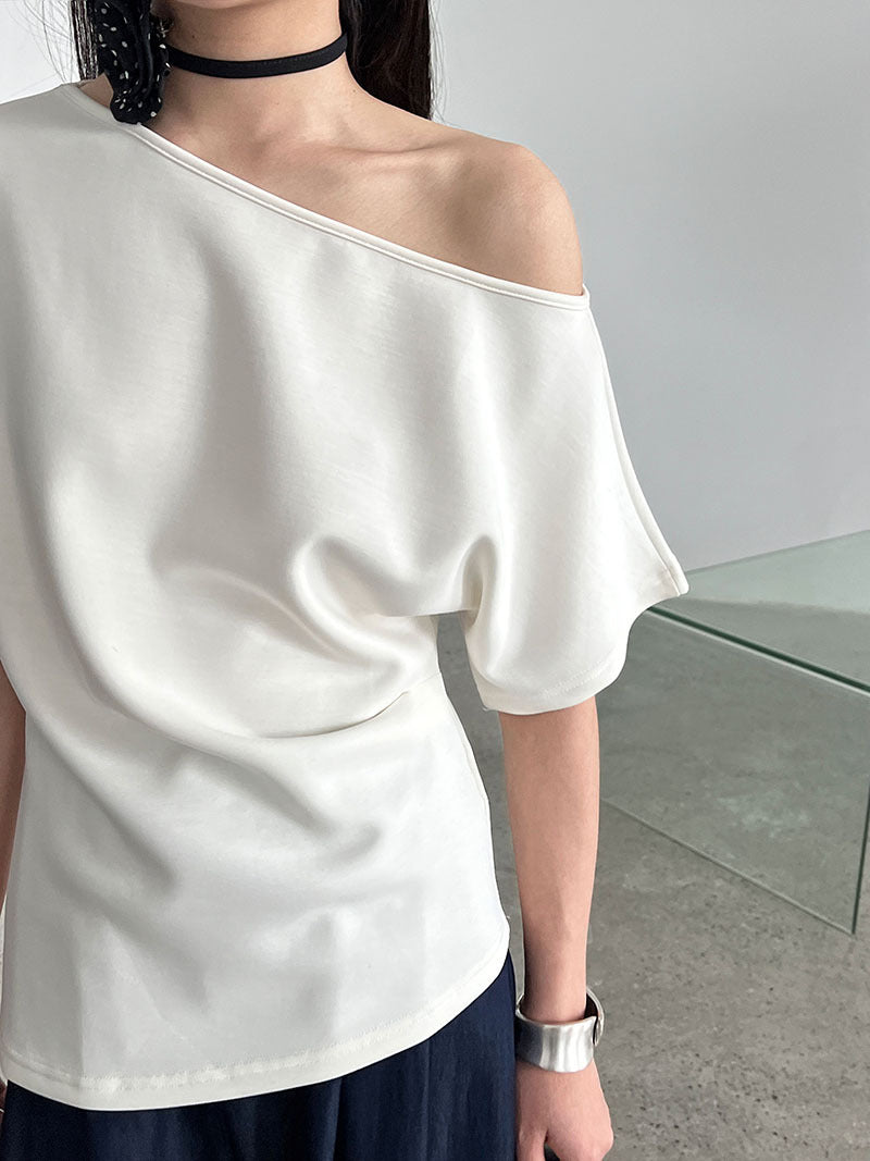 Lu Xi, lazy slanted shoulders loose short-sleeved women's summer new off-shoulder asymmetrical waist and thin T-shirt 2658