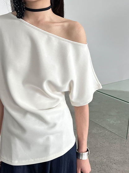Lu Xi, lazy slanted shoulders loose short-sleeved women's summer new off-shoulder asymmetrical waist and thin T-shirt 2658
