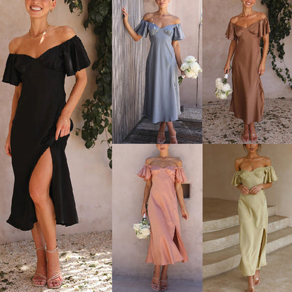 VLOVELAW Foreign Trade Cross-Border Independent Station  Casual Women's Clothing Solid Color Satin Short Sleeve Sexy off-Neck Pleated Dress