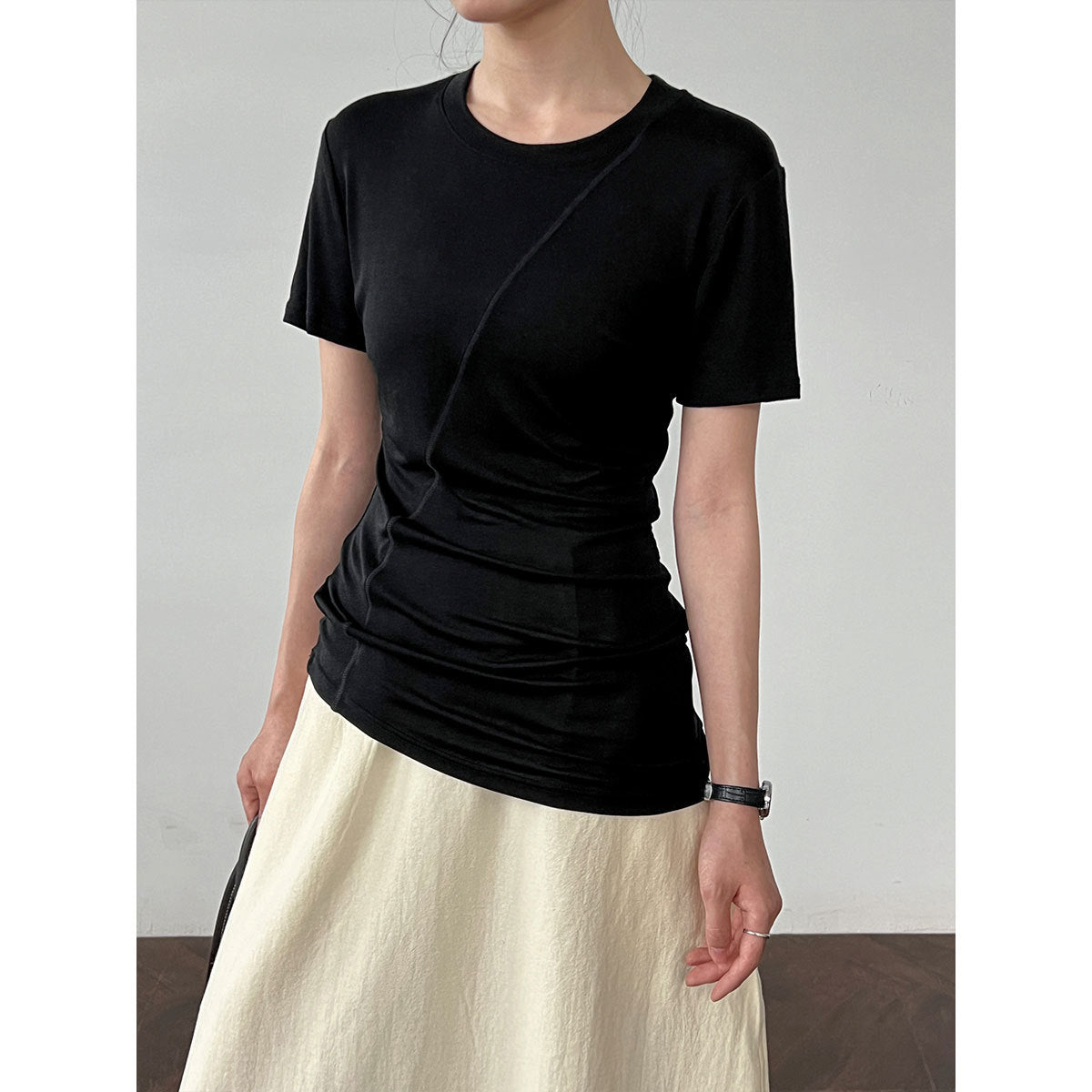 Luxi high elastic and thin~ Design sense irregular slim short sleeve women's summer light and thin Lyocell Tencel T-shirt 2687