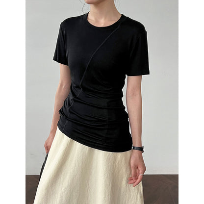 Luxi high elastic and thin~ Design sense irregular slim short sleeve women's summer light and thin Lyocell Tencel T-shirt 2687