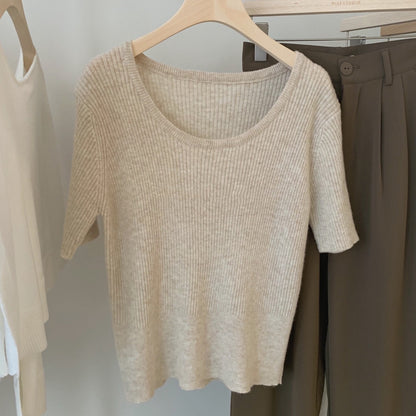 VLOVELAW Big Neckline Loose Linen Short-Sleeved T-shirt for Women Summer New off-Shoulder Korean Style round Neck Knitted Top for Women Gentle