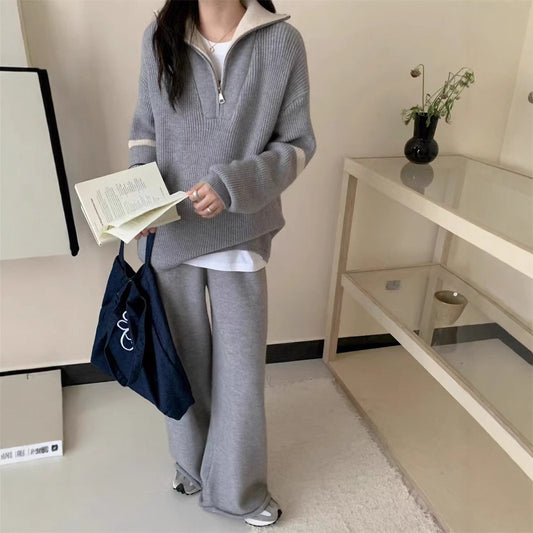 VLOVELAW Autumn and winter casual knitted suit women's New new pullover half zipper contrasting color lapel sweater wide-leg pants two-piece set