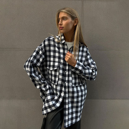 KKBOXLY Plaid shirt women's 2025 cross-border New autumn new American retro double pocket plaid striped medium and long shirt