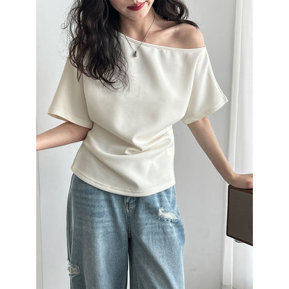 Lu Xi, lazy slanted shoulders loose short-sleeved women's summer new off-shoulder asymmetrical waist and thin T-shirt 2658