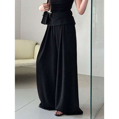 Luxi, Korean swinging collar set asymmetrical slanted shoulder T-shirt + high-waisted casual wide-leg pants summer two-piece set 2678