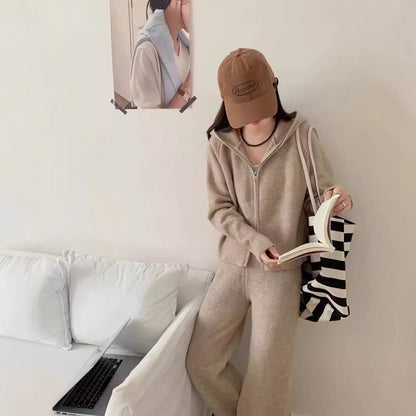 VLOVELAW Korean temperament fashion casual hooded knitted suit women's autumn and winter new loose and thin wide-leg pants two-piece set