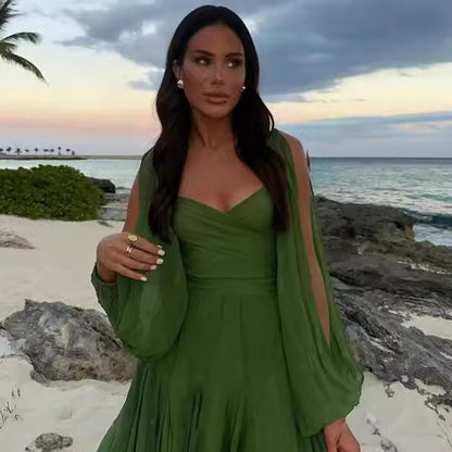 VLOVELAW Cross-Border European and American Women's Clothing Hot Sale at  off-the-Shoulder Sleeves V-neck Sexy Dress