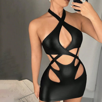 cross-hanging neck hollow sexy slim-fitting short skirt, thin hip-wrapped sleeveless Spice Girl trendy dress ins style