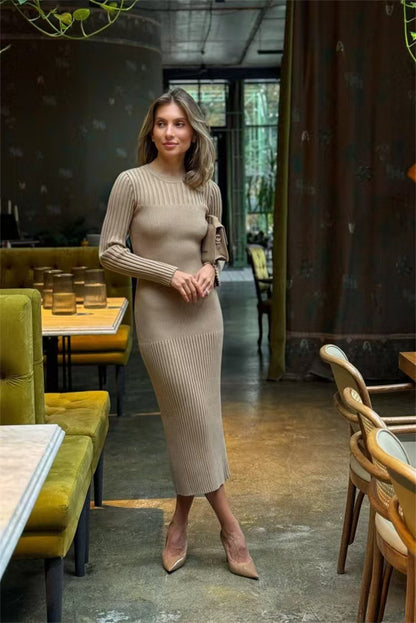 New  long-sleeved autumn and winter sweater skirt women's knitted round neck pit strip solid color tight dress women
